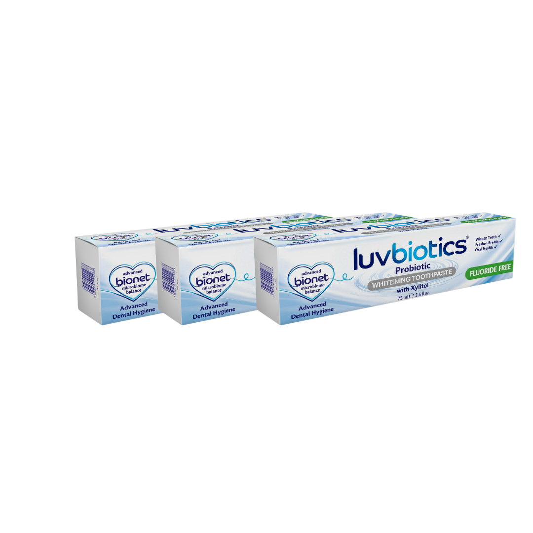 Luv Biotics Fluoride Free Whitening Toothpaste with Oral Probiotics, Xylitol & Aloe Vera – 3 x 75ml