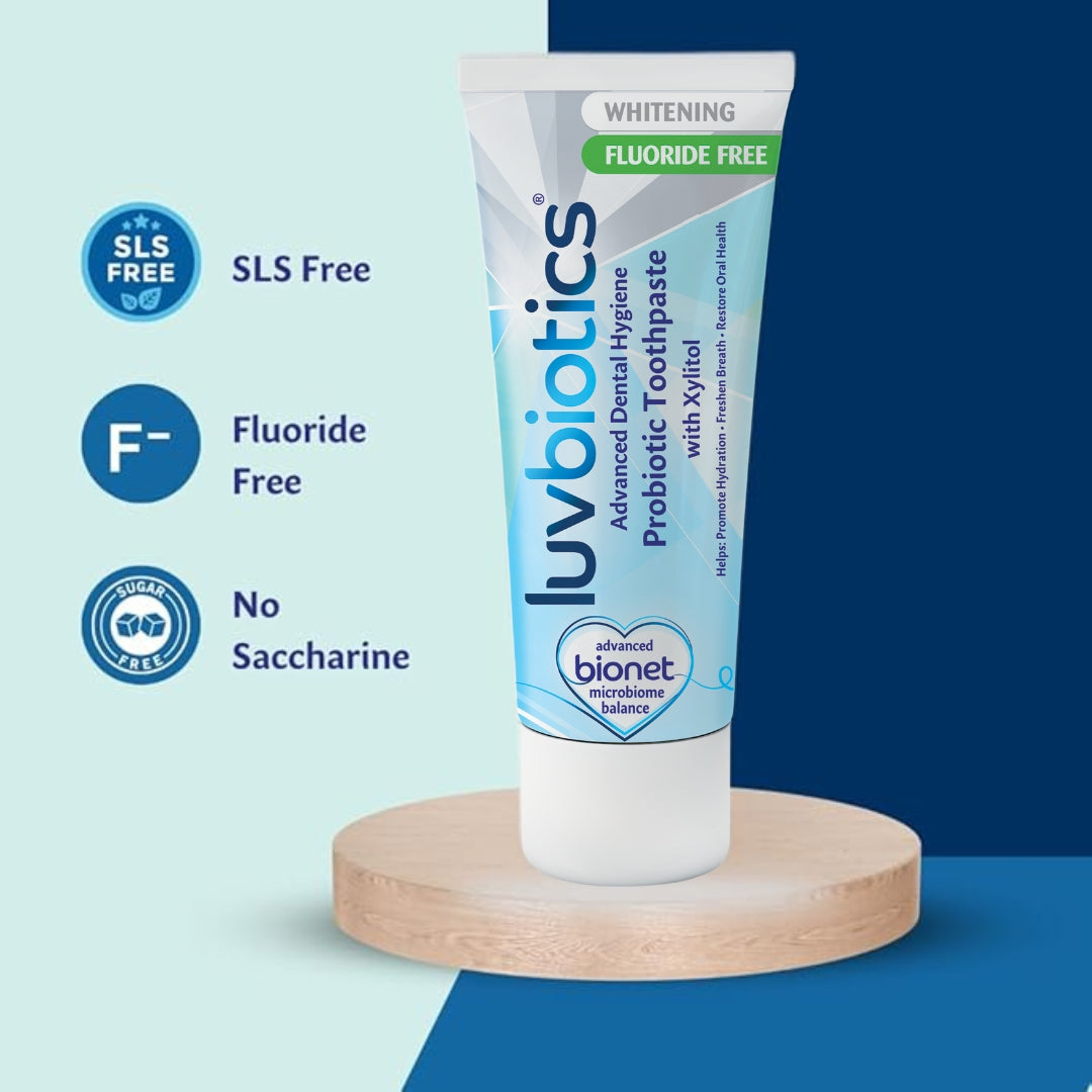 Luv Biotics Fluoride Free Whitening Toothpaste with Oral Probiotics, Xylitol & Aloe Vera – 3 x 75ml