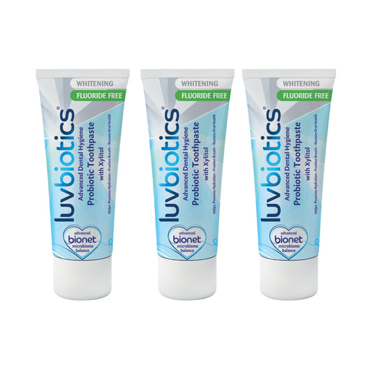 Luv Biotics Fluoride Free Whitening Toothpaste with Oral Probiotics, Xylitol & Aloe Vera – 3 x 75ml