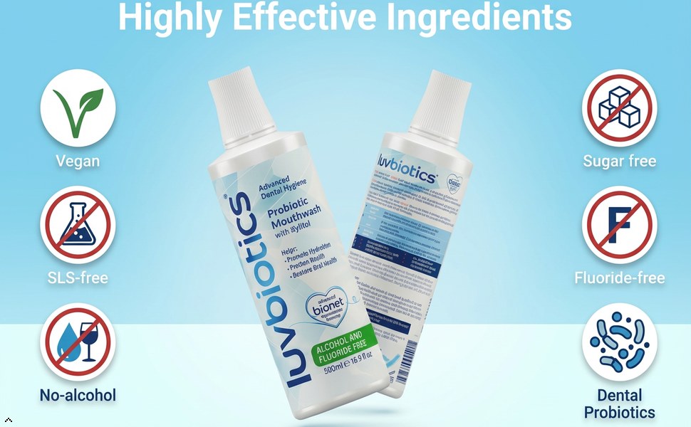 Luv Biotics Alcohol & Fluoride Free Mouthwash with Oral Probiotics, Xylitol & Aloe Vera - 500 ml