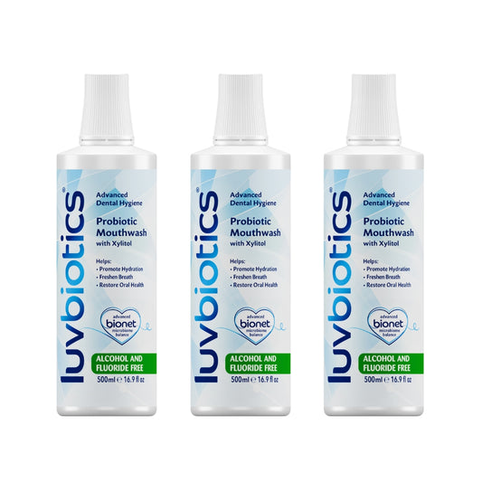 Luv Biotics Alcohol & Fluoride Free Mouthwash with Oral Probiotics, Xylitol & Aloe Vera – 3 x 500ml