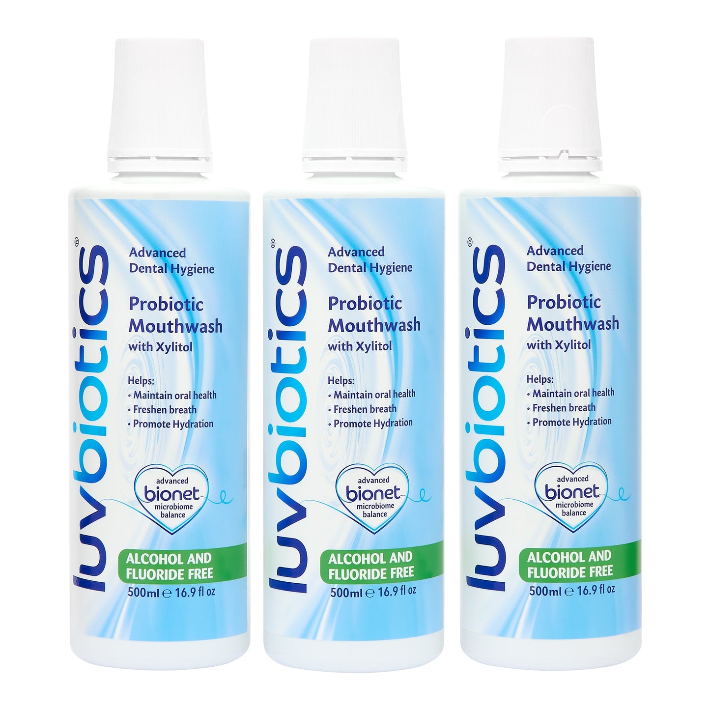 Luv Biotics Alcohol & Fluoride Free Mouthwash with Oral Probiotics, Xylitol & Aloe Vera – 3 x 500ml