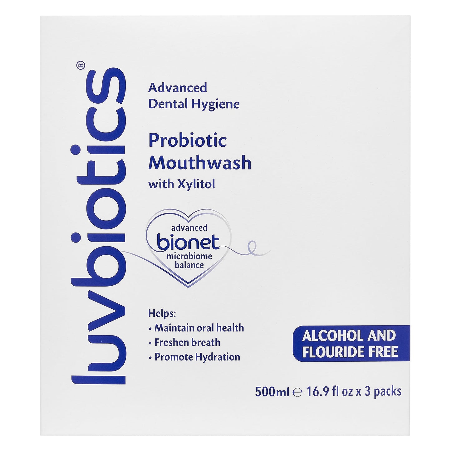 Luv Biotics Alcohol & Fluoride Free Mouthwash with Oral Probiotics, Xylitol & Aloe Vera – 3 x 500ml