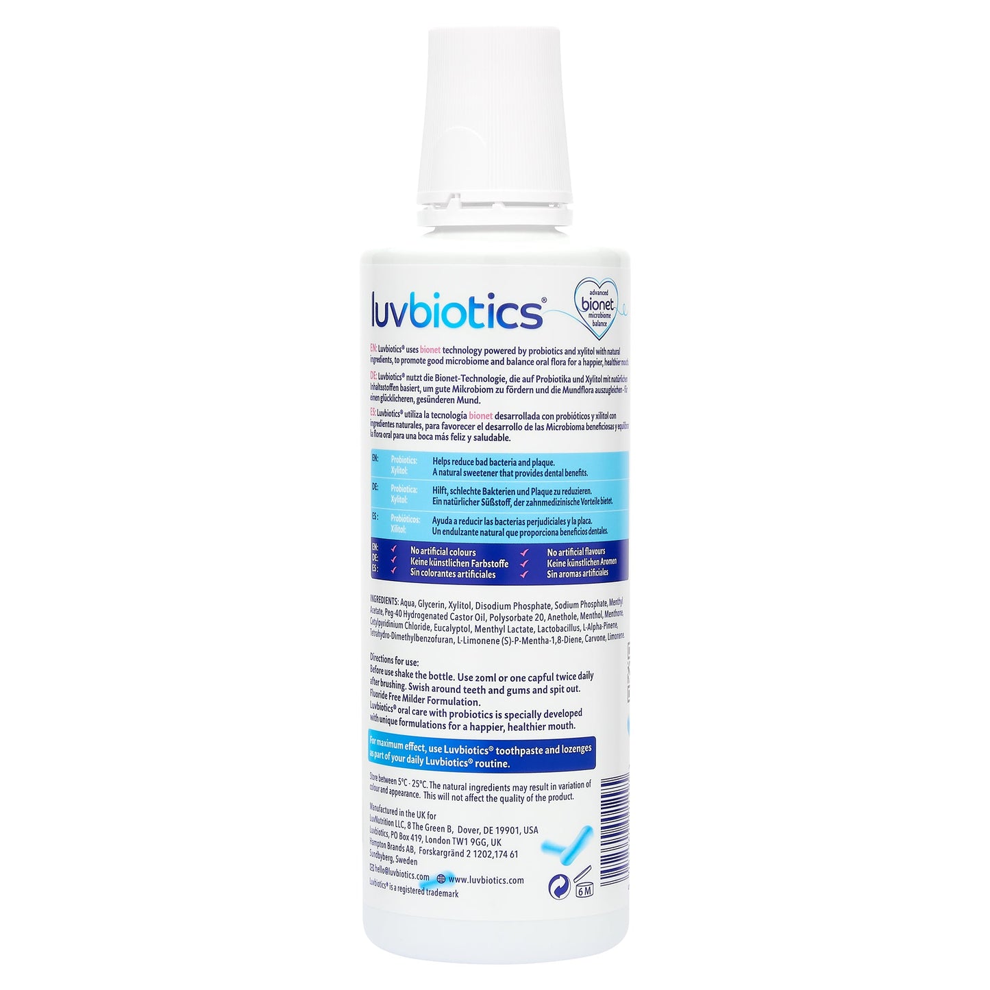 Luv Biotics Alcohol & Fluoride Free Mouthwash with Oral Probiotics, Xylitol & Aloe Vera – 3 x 500ml